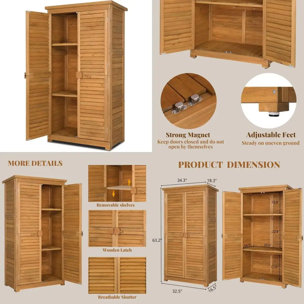 

63-дюймовый деревянный уличный шкаф для хранения вещей с запираемыми дверцами, регулируемыми полками и водонепроницаемым крышей для садовых инструментов