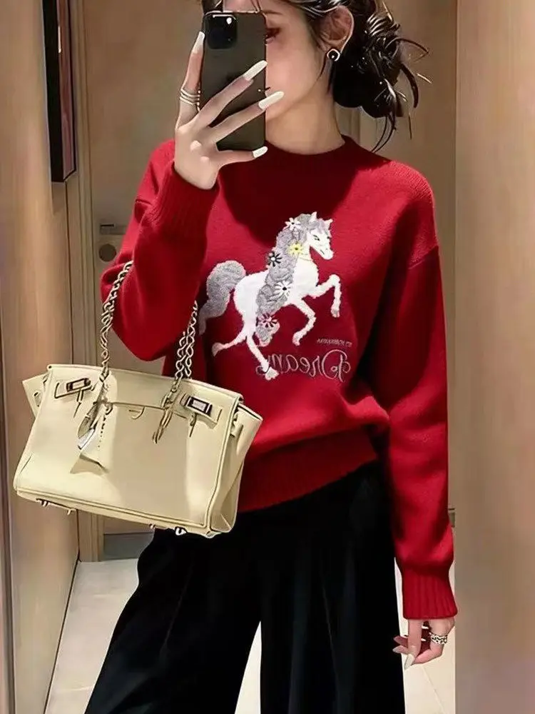 Neujahrsroter Strickpullover Damen Kleine Größe Basisschicht Top Euro Sle Commute Loose Fit Coolmax Fiber Long Sve Pullover