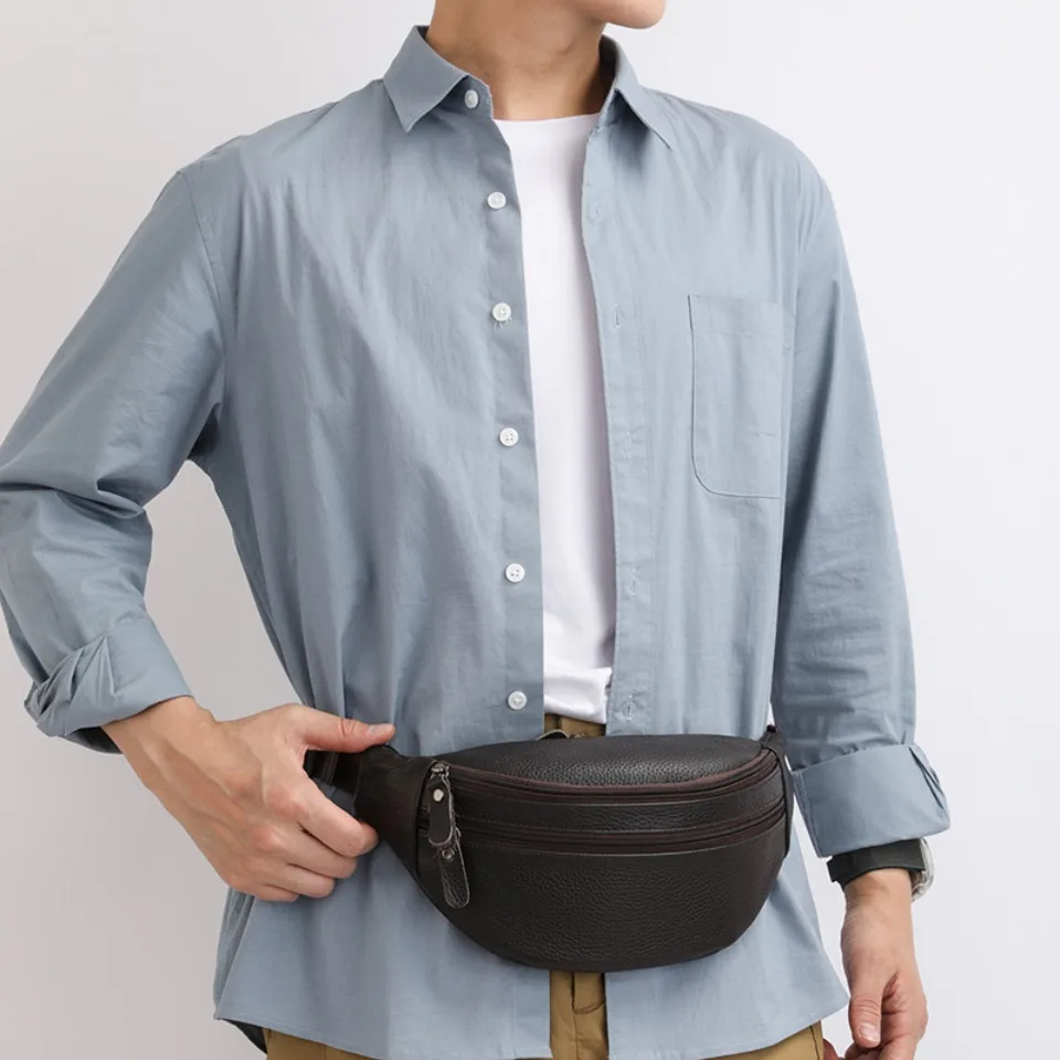

Mobile Waist Bag for Men Genuine Cowhide Leather Business Chest Shoulder Crossbody Bag Wear-resistant Fanny Pack for Travel Sac