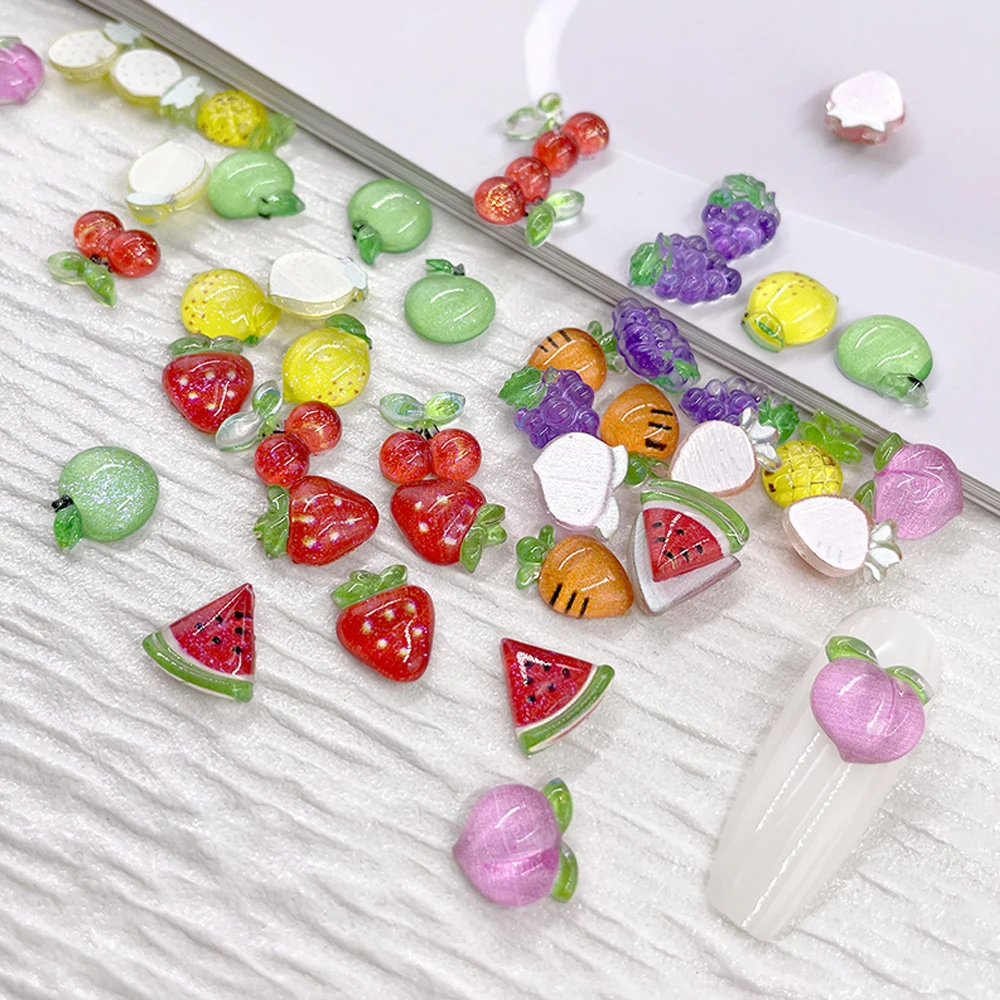 50pcs 3D Mixed Fruit Series Nail Art Charms Kawaii Cherry Strawberry Honey Peach Watermelon Nail Decor Resin Nail Accessories