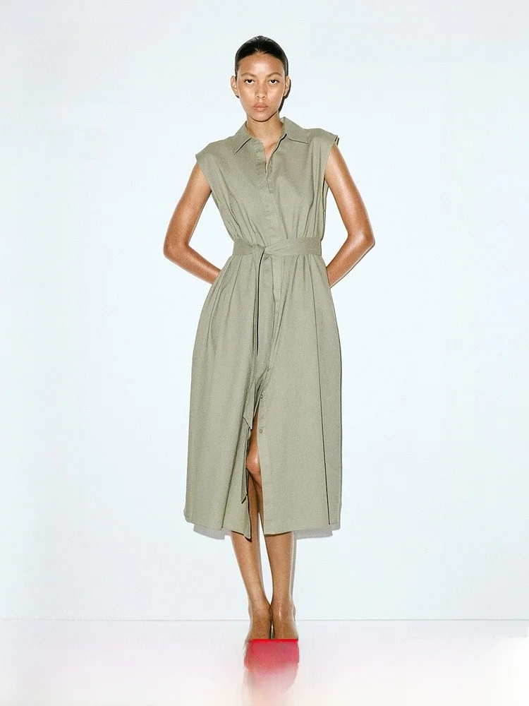 

H&M Women's irt Dr Linen Blend Summer Faion Old Money Sle 293989 Casual Color Svel Midi Stripe Dr