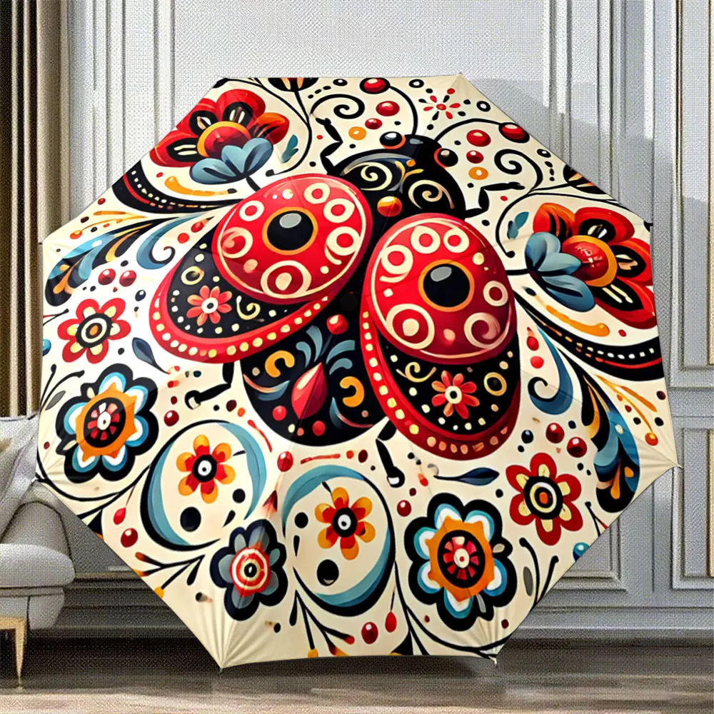 Colorful Floral Ladybug Design Umbrella - Vibrant Art Style Portable Folding Umbrella, Gift for Family And Friends
