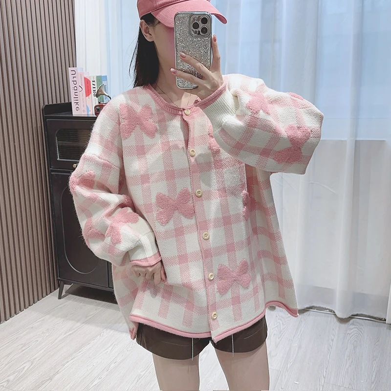 2024 Fashion Autumn Winter Clothes Bow Plaid O-Neck Sweater Coat Knitwear Gentle Sweaters Sweet Knitted Cardigan