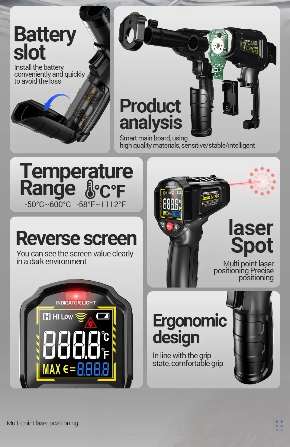 TH203 Infrarot-Thermometer, einstellbare Emissionsfähigkeit, berührungslose Temperaturmessung 50 ° C~600 ° C-Pyrometer IR-Hygrometer für Industrie und Haushalt – Detail 9