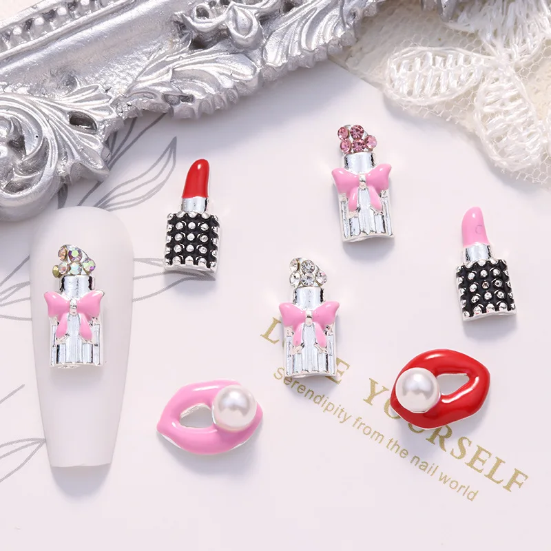 10PCS Alloy Lipstick Nail Charms Parts Lip Print Accessories For Valentines Day Manicure Decoration Nails Art Supplies Metrial