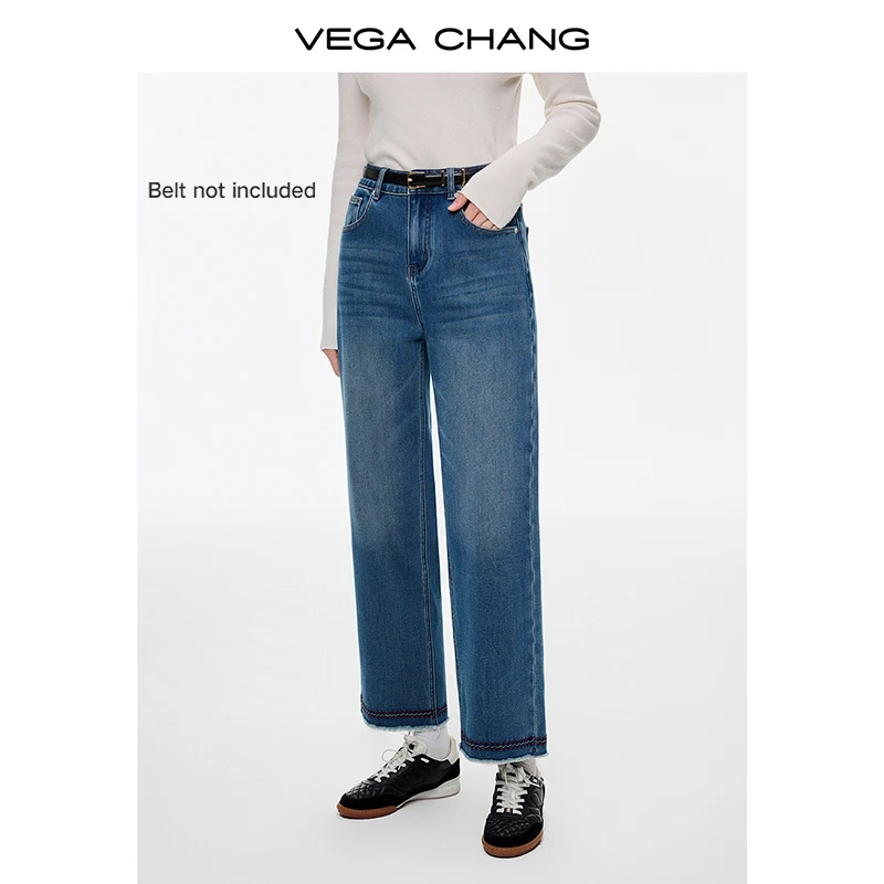 

Vega Chang New Winter Women's Jeans with Raw Edges and Embroidery, Fashionable, Height-Enhancing, Slimming Straight-Leg Pants [Belt Not Included]