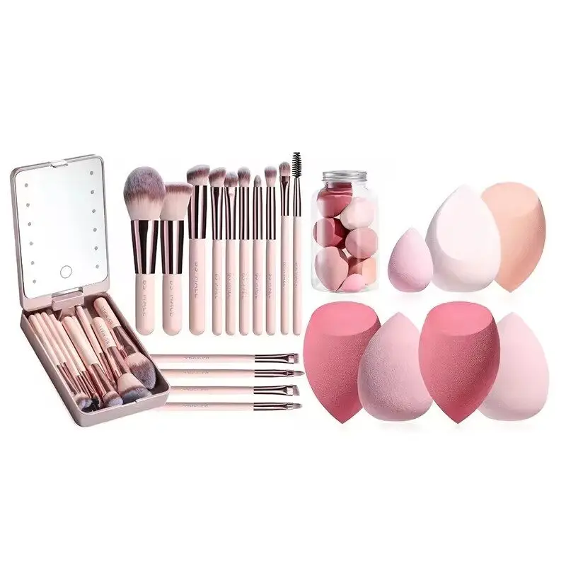 Ensemble de pinceaux de maquillage de voyage BS-MALL, fond de teint en poudre, correcteurs, ombre pour les yeux, miroir lumineux LED 14 pièces, mini maquillage Bru