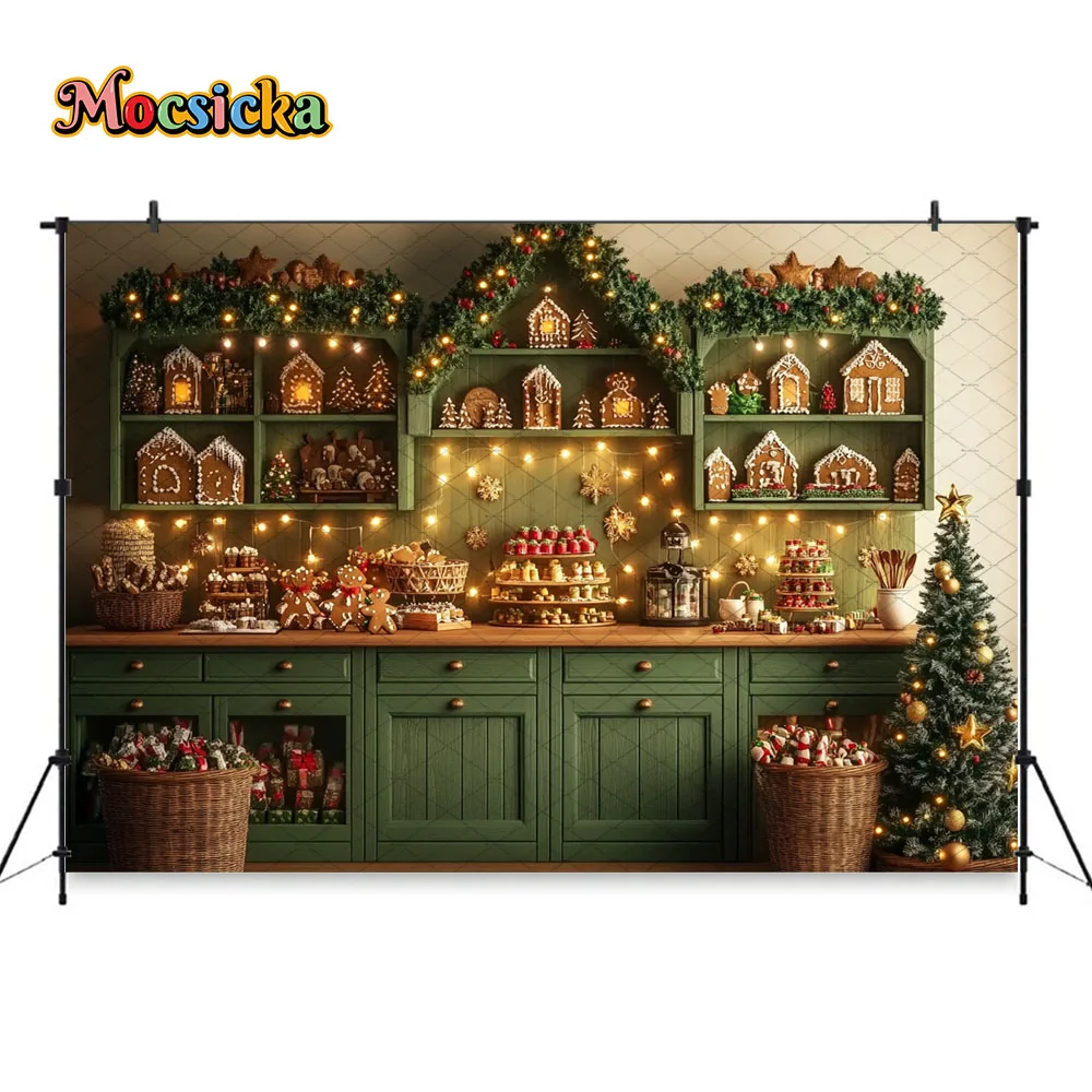 Mocsicka Christmas Kitchen Background Photography Gingerbread House Retro Green Cabinets Wreath Backdrop Winter Kid Family Photo