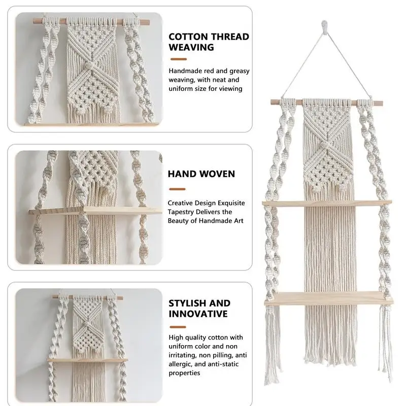 Macrame Shelves for Wall Tassel wall hanging rack Bohemian style hand-woven storage rack lace rack tapestry storage Holder decor