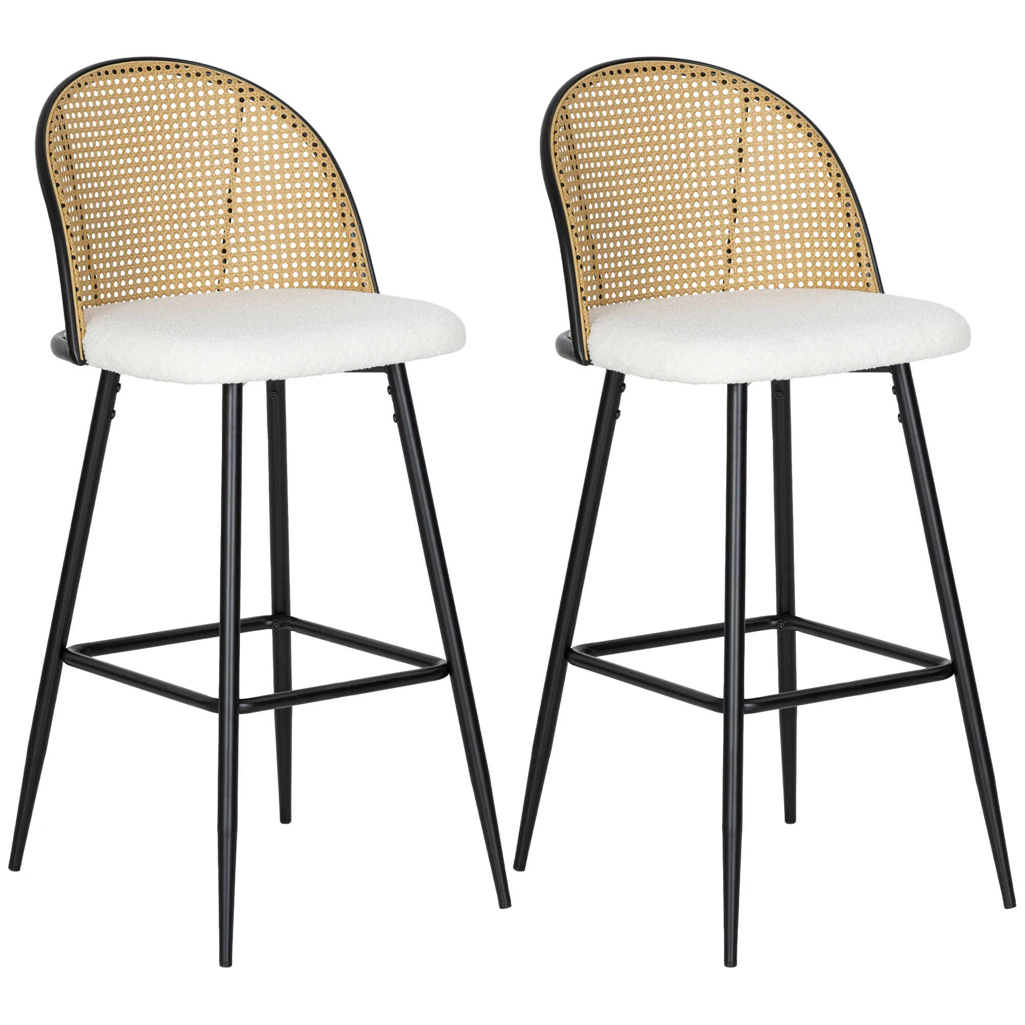 Homcom Lot de 2 tabourets de bar, tabourets de cuisine hauts avec dossier en rotin, siège rembourré en peau de mouton, cadre en acier et repose-pieds pour salle à manger, comptoir, blanc crème