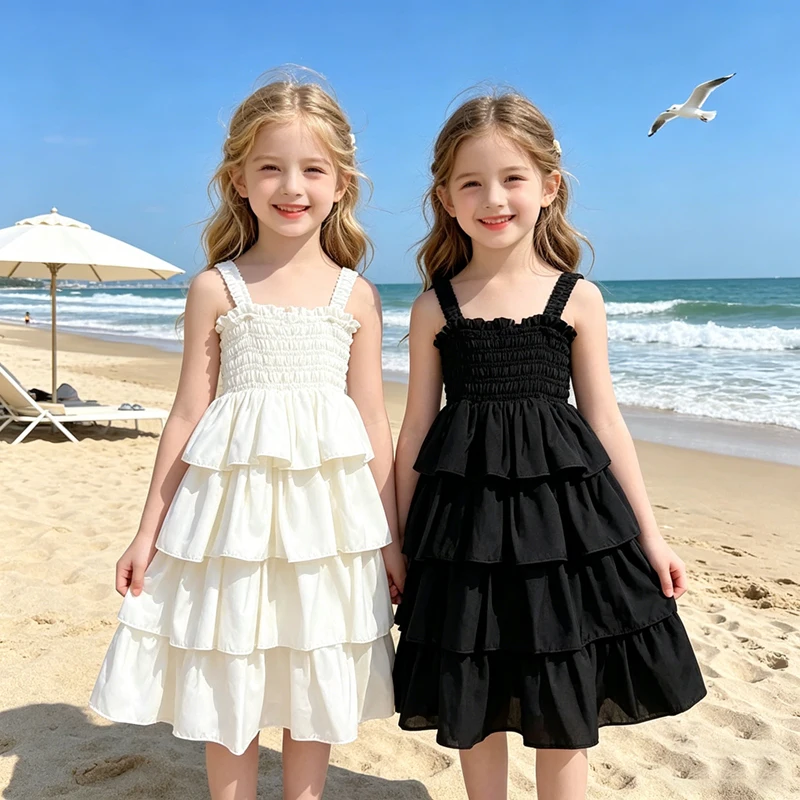 Teen Girls Summer Dresses 2026 New Kid Sleeveless Strap Ruffle Layered Casual Beach Party Dress Children Princess Vestidos 3-12Y