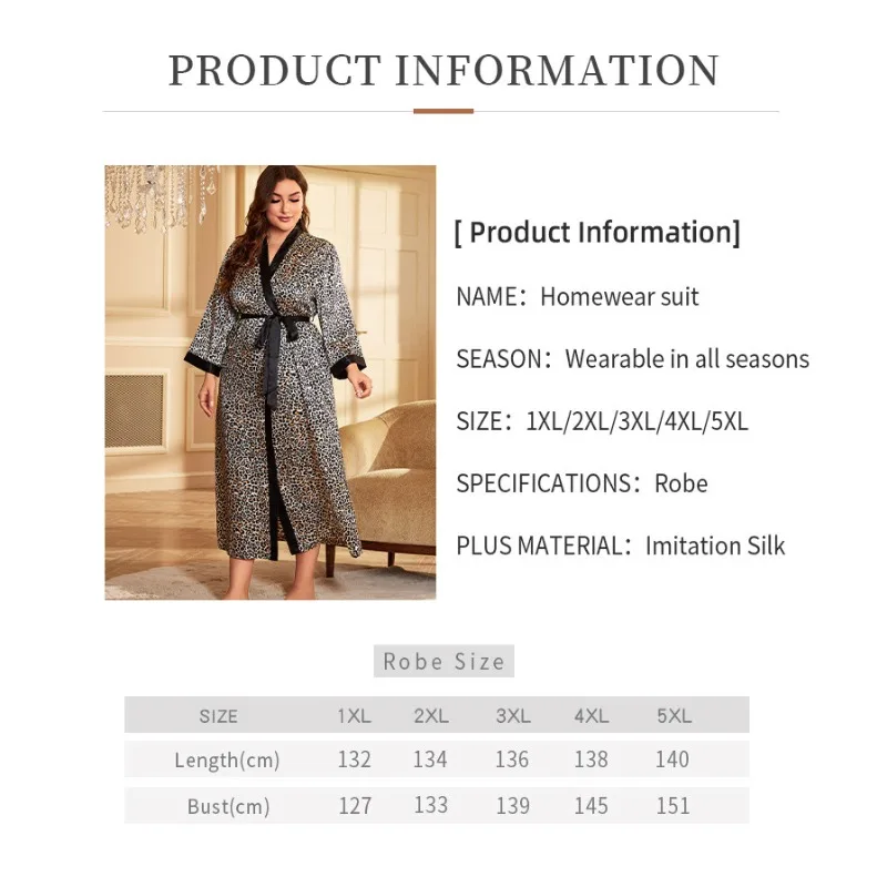 Fashion Leopard Print Plus Size Sleepwear Women Silk-like Robe Home Clothes Pajamas Sexy Loose Cardigan with Lace Up Bathrobe