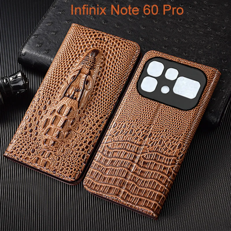 

Genuine Leather Flip Case For Infinix Note 60 Pro Phone Cover Card Cases Crocodile Head Handmade