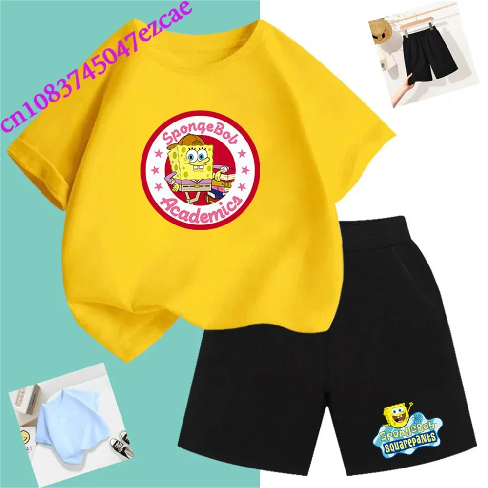 2024 New Spongebob Summer T-shirt Children's Suit Boys And Girls Short-sleeved Shorts 2 Sets Of Cartoon Printing Children t Shir