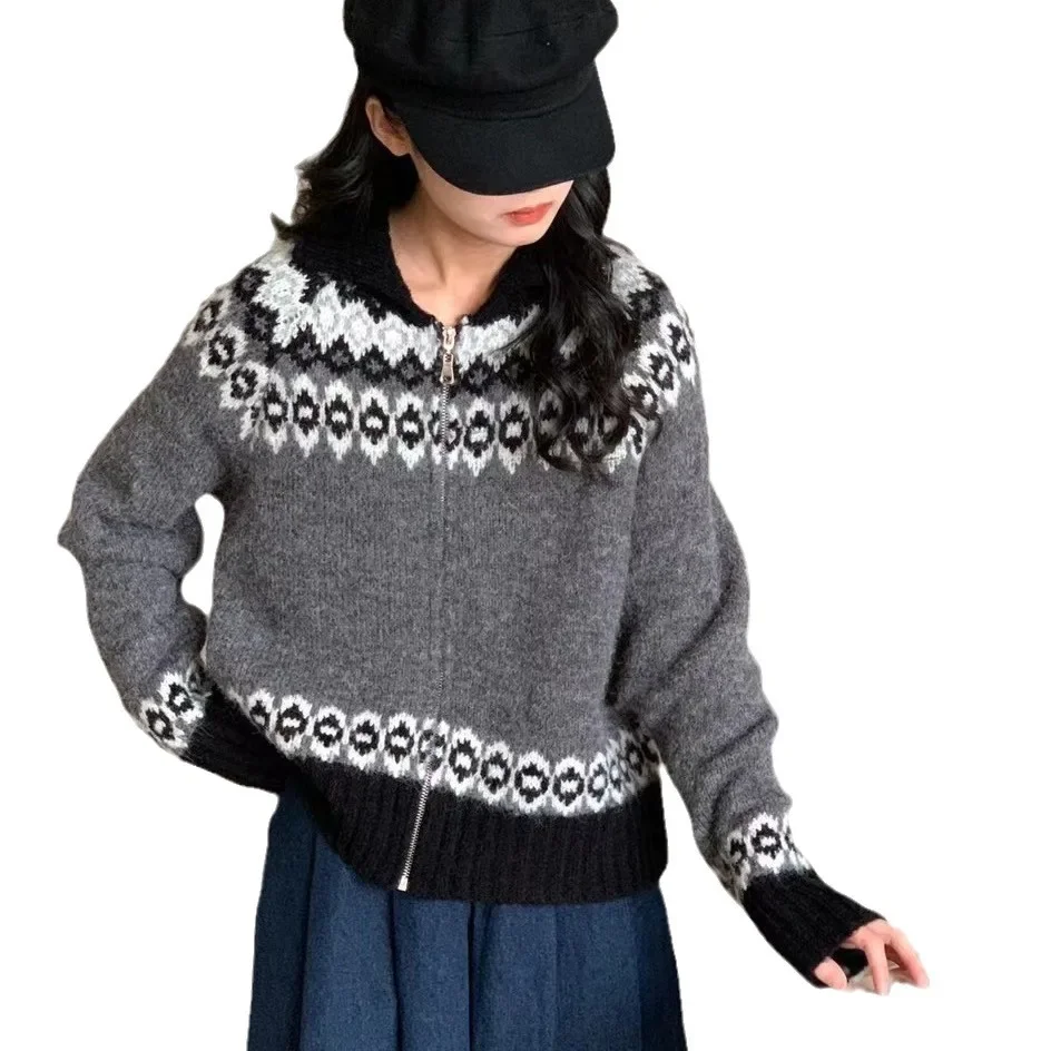 Mulheres impressão camisola de malha com zíper cardigan turn down collar manga cheia jumpers suéteres casual splice streetwear grosso