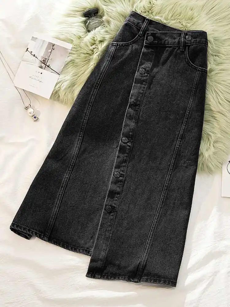 Women's Black Denim Skirts Oversized High Waist Irregularity Single Breasted Skirt Elegant Female Mid Length A-line Jean Skirts