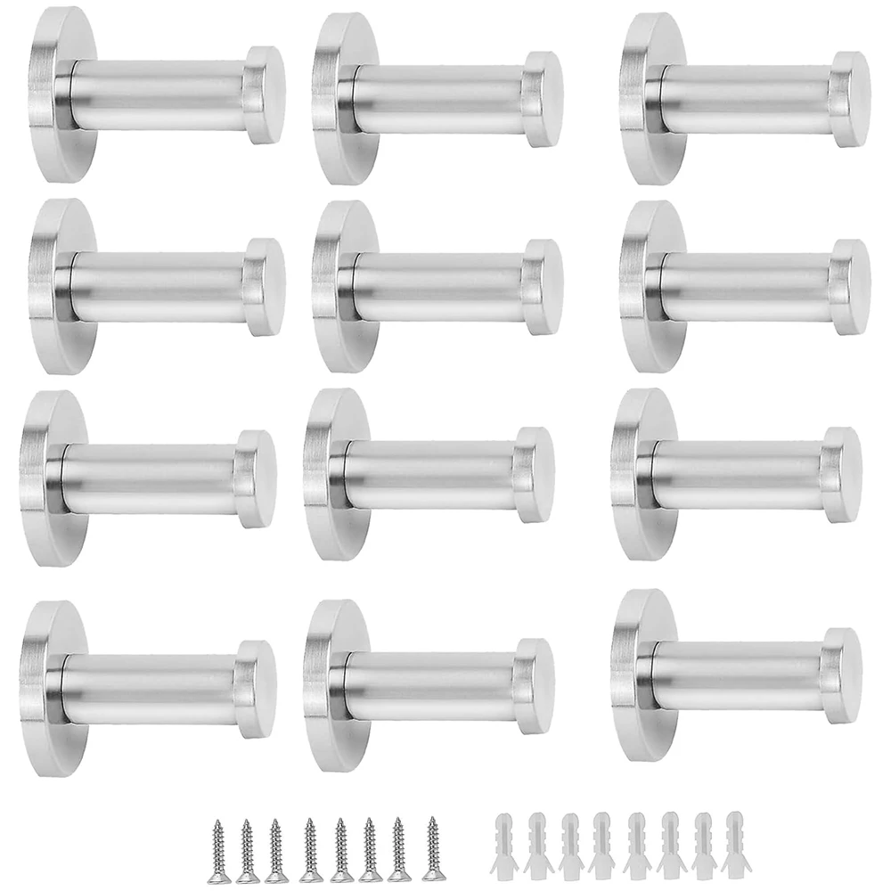 12Pcs Stainless Steel Wall Mounted Cylindrical Hooks, Bathroom Robe Towel Coat Single Hook, Heavy Duty Wall Hanger with Screws