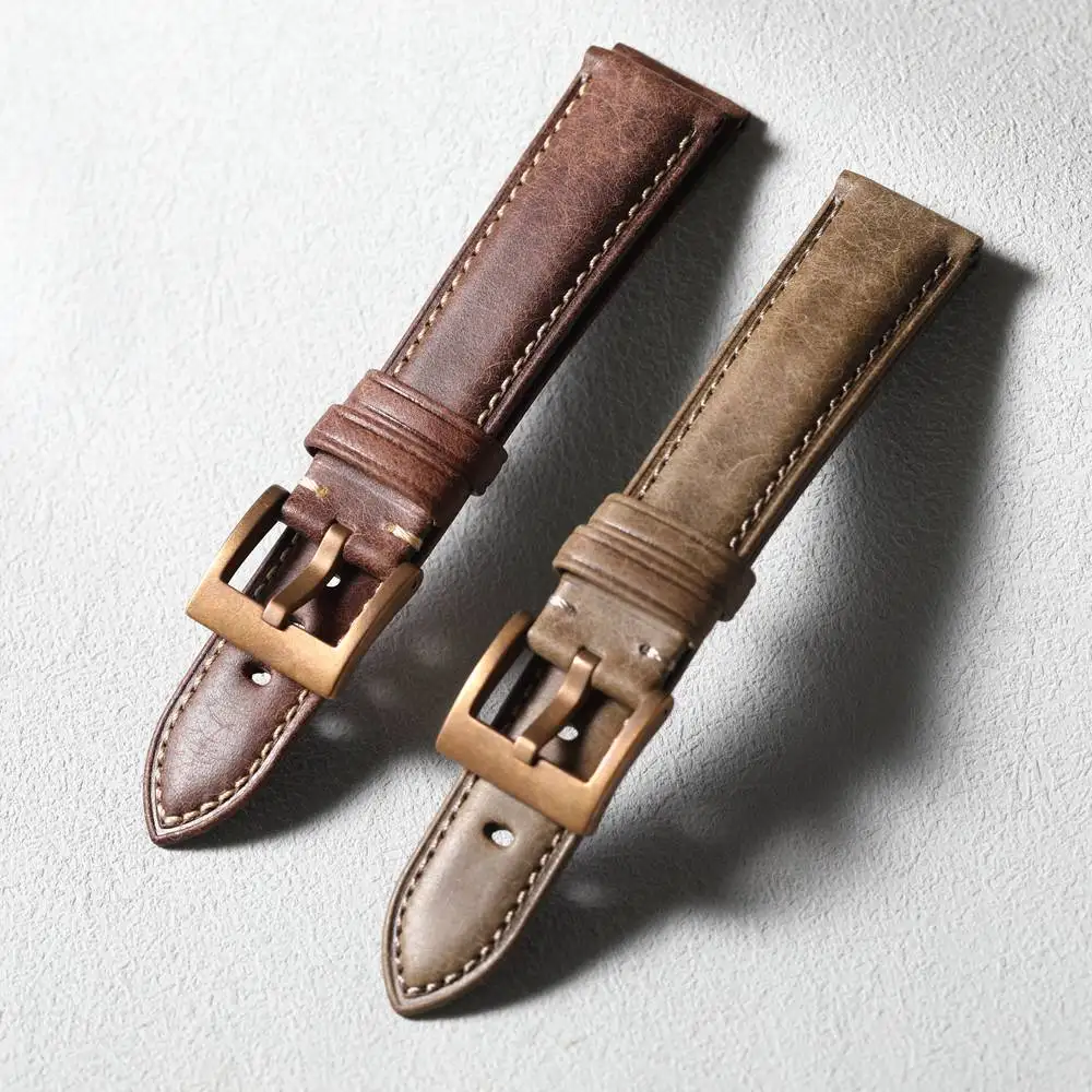 

Ремешок из воловьей кожи ручной работы, итальянский ремешок из воловьей кожи 19, 20, 21, 22 мм, застежка из чистой меди, бронзовые аксессуары для часов в винтажном стиле