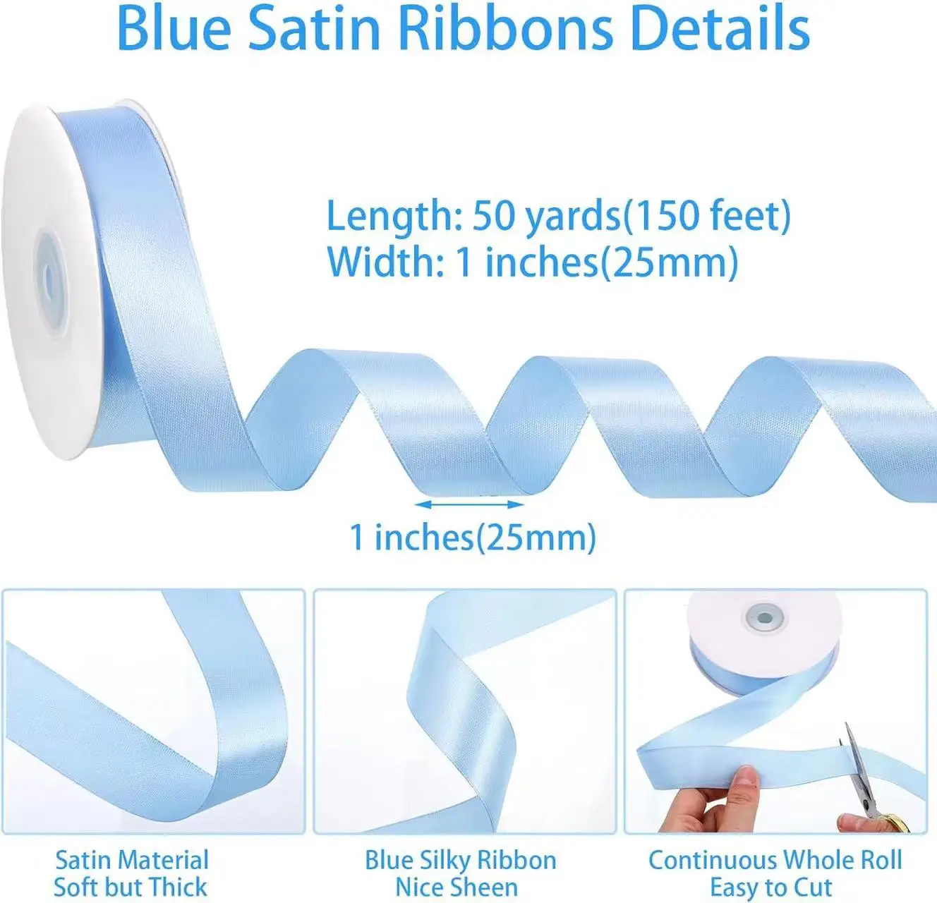 Blue Ribbon, 50 Yards 1 Inch Light Blue Ribbon Baby Blue Satin Ribbon Stocking Stuffers for Gift Wrapping Wedding Invitation