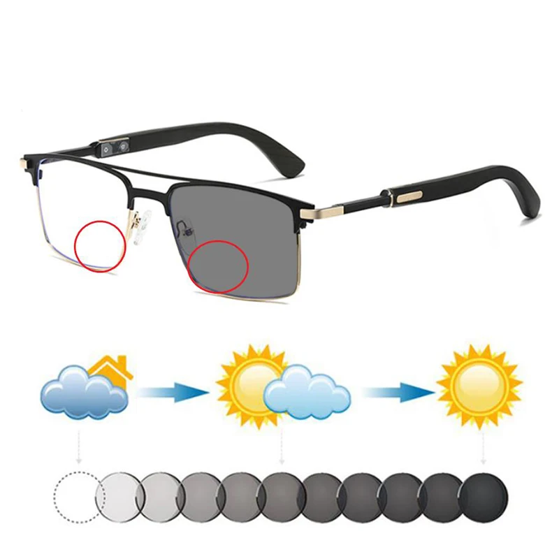 New Fashion Trend Men Double Bridge Metal+Wood Square Photochromic Bifocal Reading Sunglasses Look Near Far Hyperopia Sunnies UV