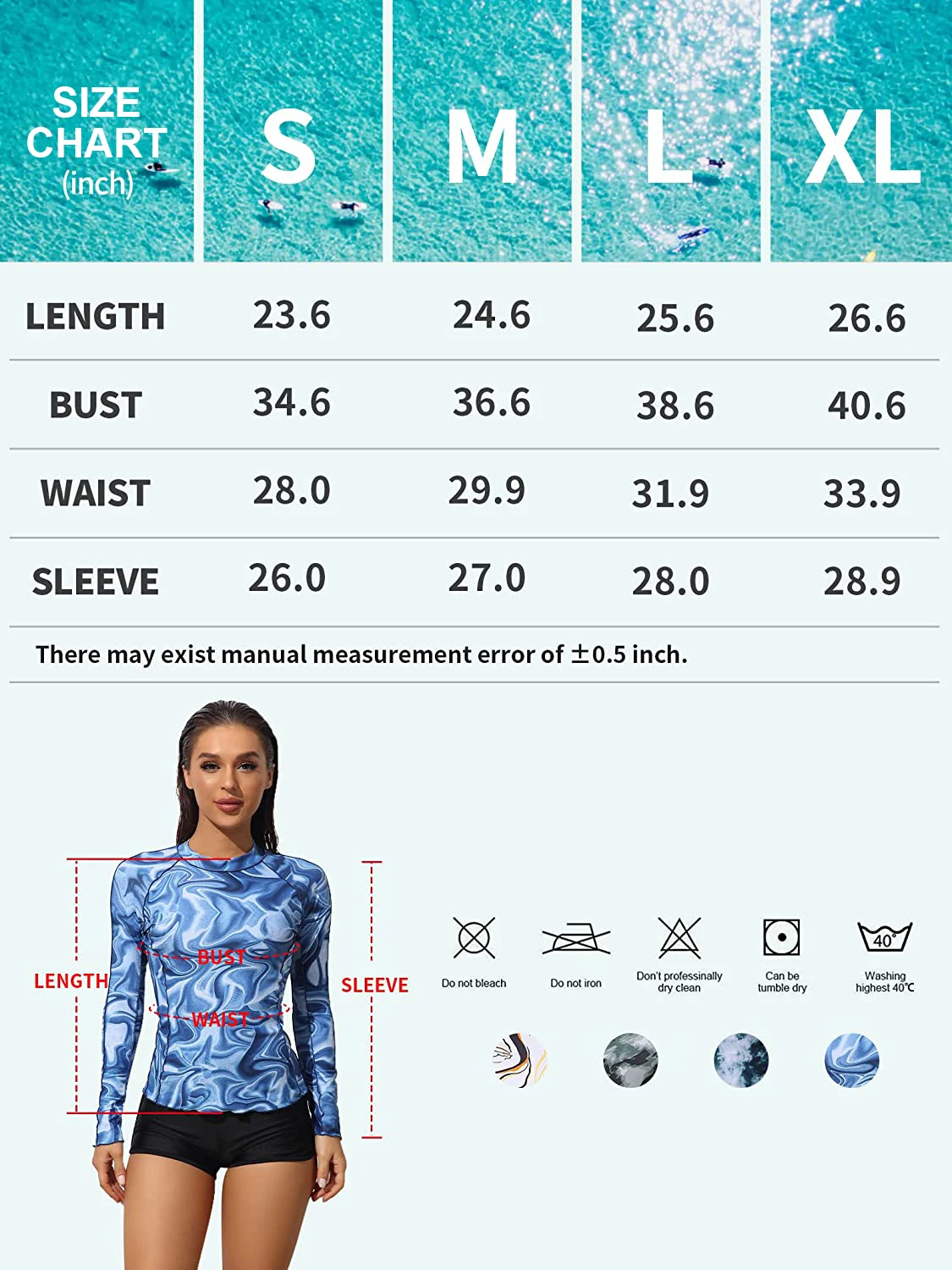 Attraco Women Rash Guard Quick Dry Breathable Wave Print Surfing Tops UPF 50+ Crew Neck Long Sleeves Shirt