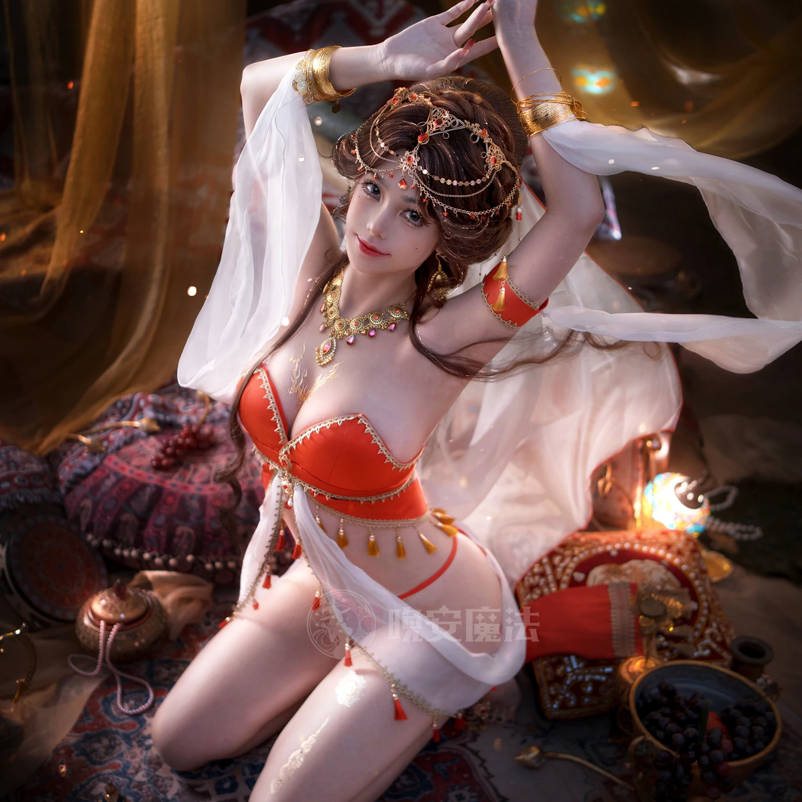 

Halloween Festival Arabian Cosplay Princess Jasmine Costume Belly Dance Indian Bollywood Veil Top Pants Accessories Set Festival