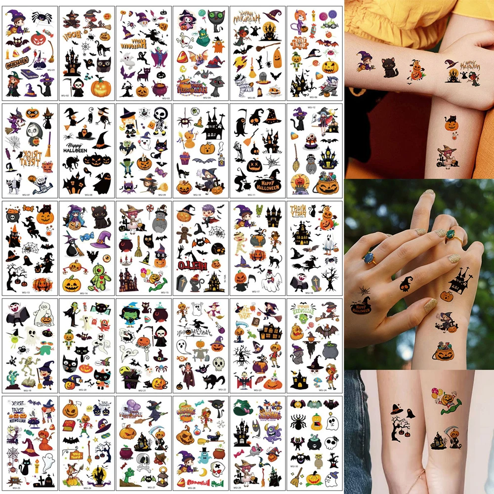 30 Stück Kürbisgeist Temporäre Tattoos für Männer Frauen Spinne Fledermaus Fake Tattoos für Halloween Festival Hand Gesicht Körper DIY Make-up