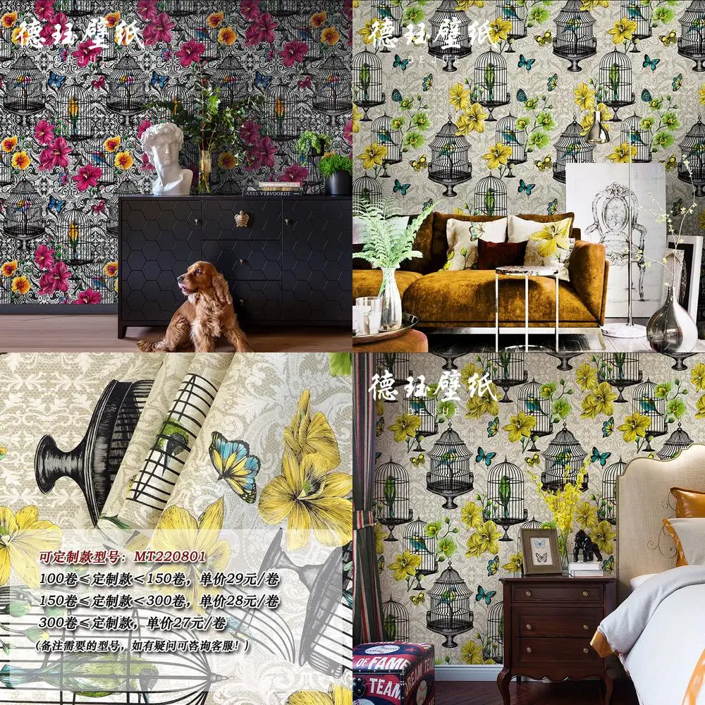 Retro American Country Large Floral Bird Cage European Wallpaper for Living Room Bedroom Restaurant Feature Wall Non Self Adhesi