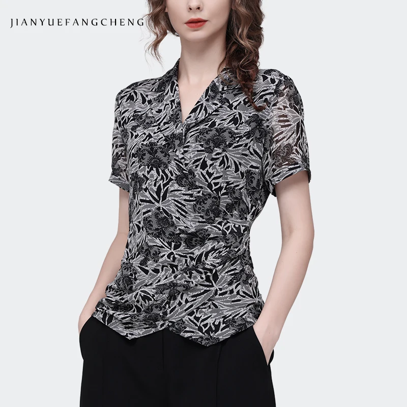 Fashion Women Summer Short Sleeve Leaves Printed Chiffon Blouse Top Slim Short Suit Collar Casual Working Blouses