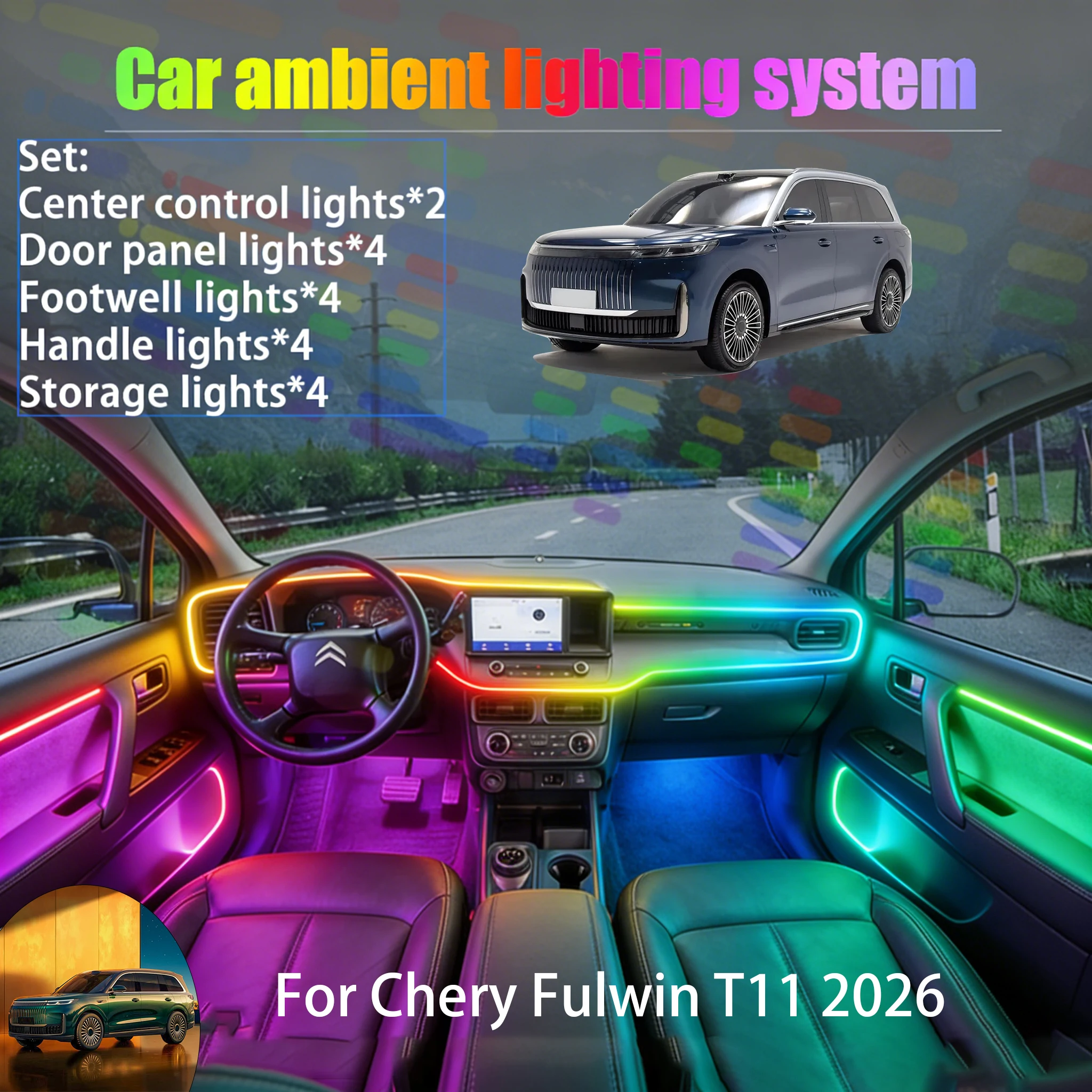 

For Chery Fulwin T11 2026 E02 2/18 in 1 Car ambient lighting Led trunk interior led lights USB RGB Ensemble Streamer Auto Parts
