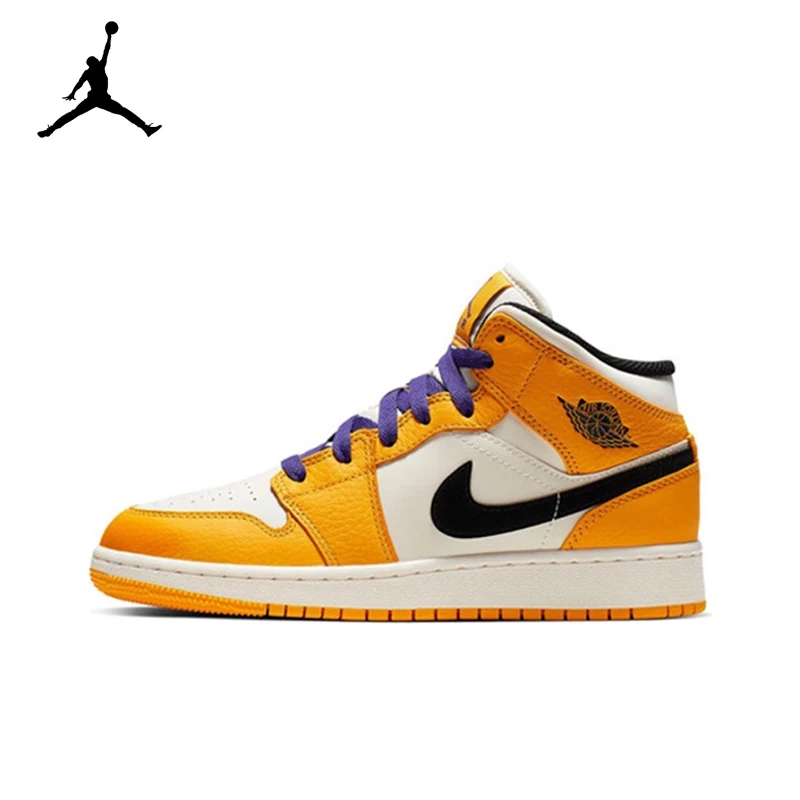 Original Air Jordan 1 Mid \'Lakers\' Yellow and Purple GS Size For Women Retro Classic Basketball Sneakers Shoes BQ6931-700