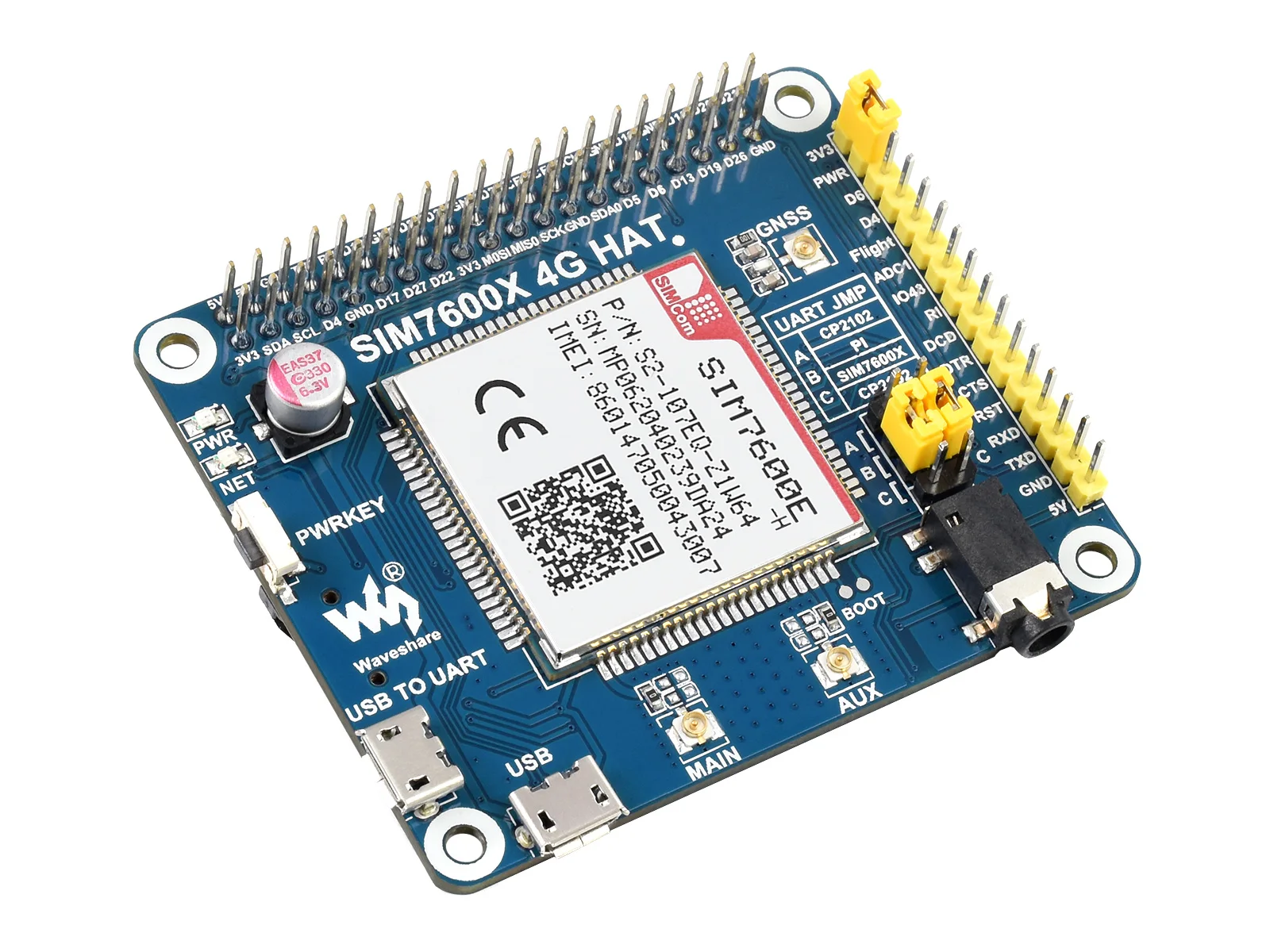 

Waveshare SIM7600E-H 4G HAT for Raspberry Pi, LTE Cat-4 4G / 3G / 2G, GNSS, for Europe, Southeast Asia, West Asia, Africa