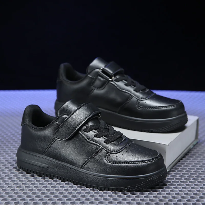 Zapatillas de deporte de cuero para niños, zapatos informales de Tenis para Niños de 6 a 12 años, color negro, 2024