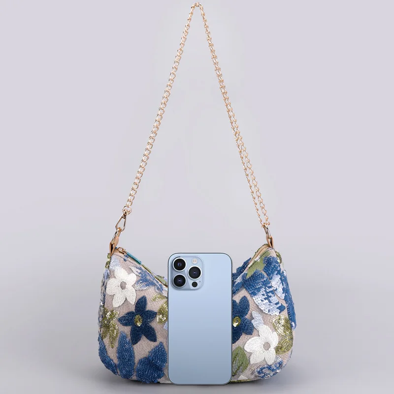 Модные женские сумки на плечо с блестками и вышивкой, повседневная сумка через плечо с цепочками-бродягами, милая летняя пляжная сумка с цветком 2025