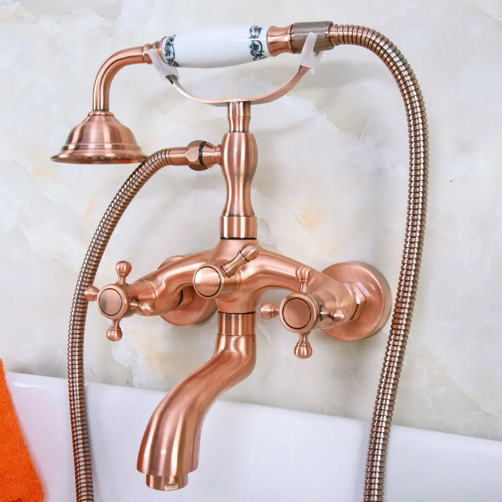 

Antique Red Copper Brass Dual Cross Handles Wall Mounted ClawFoot Bath Tub Faucet Mixer Tap With Hand Shower Spray mna322