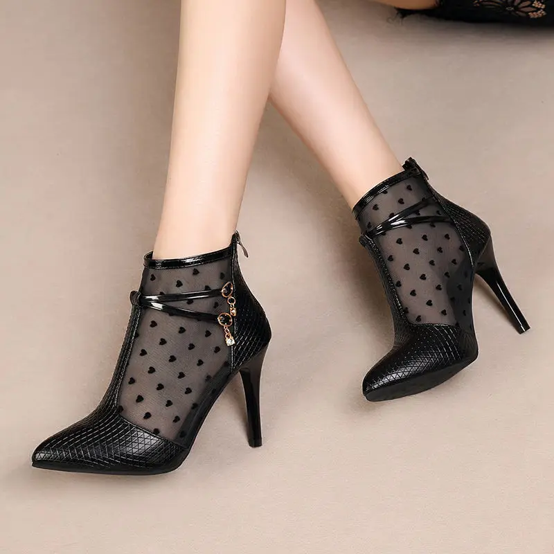 FHC 2024 New Mesh Sandals Boots,Women High Heels Botas,Fashion Summer Shoes Booties,Pointed Toe,Howllow Out,35-42,Black,Dropship