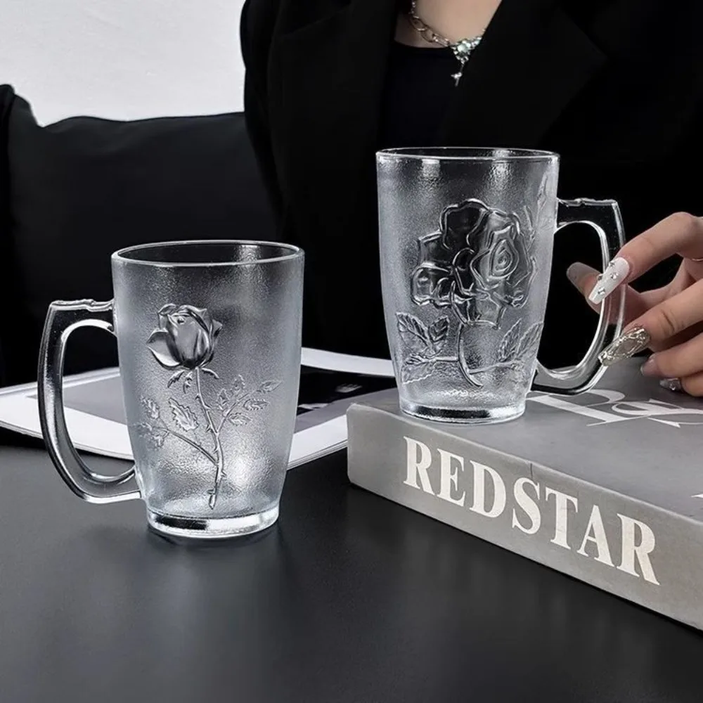 Rose-Print Frosted Glass Mug with Sturdy Handle, Large-Capacity Mug for Juice or Floral Tea, Adds Elegance to Daily Sips