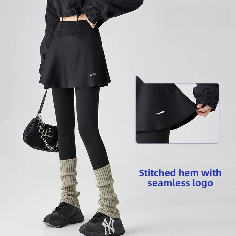 ارتفاع الخصر Fce اصطف اليوغا السراويل النسائية جلد arkskin ملابس خارجية الخريف الشتاء تنورة دافئة السراويل قطعتين الزي الحراري