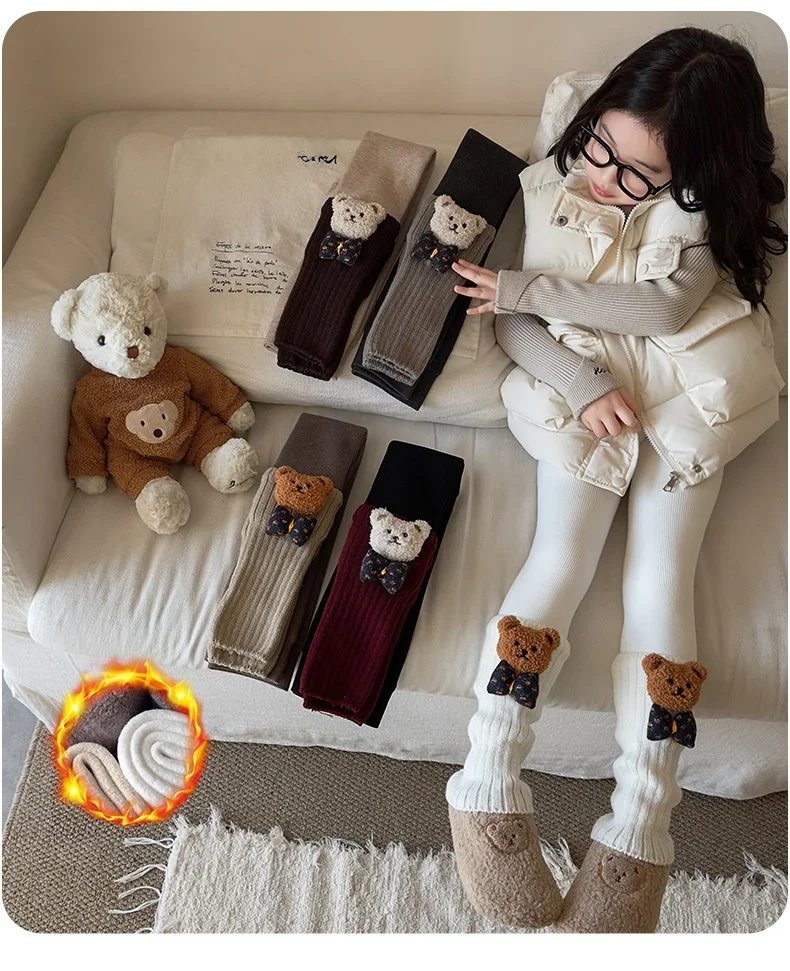 

Зимние корейские детские колготки, леггинсы на флисовой подкладке для маленьких девочек, утепленные штаны с медведем, одежда для девочек начальной школы