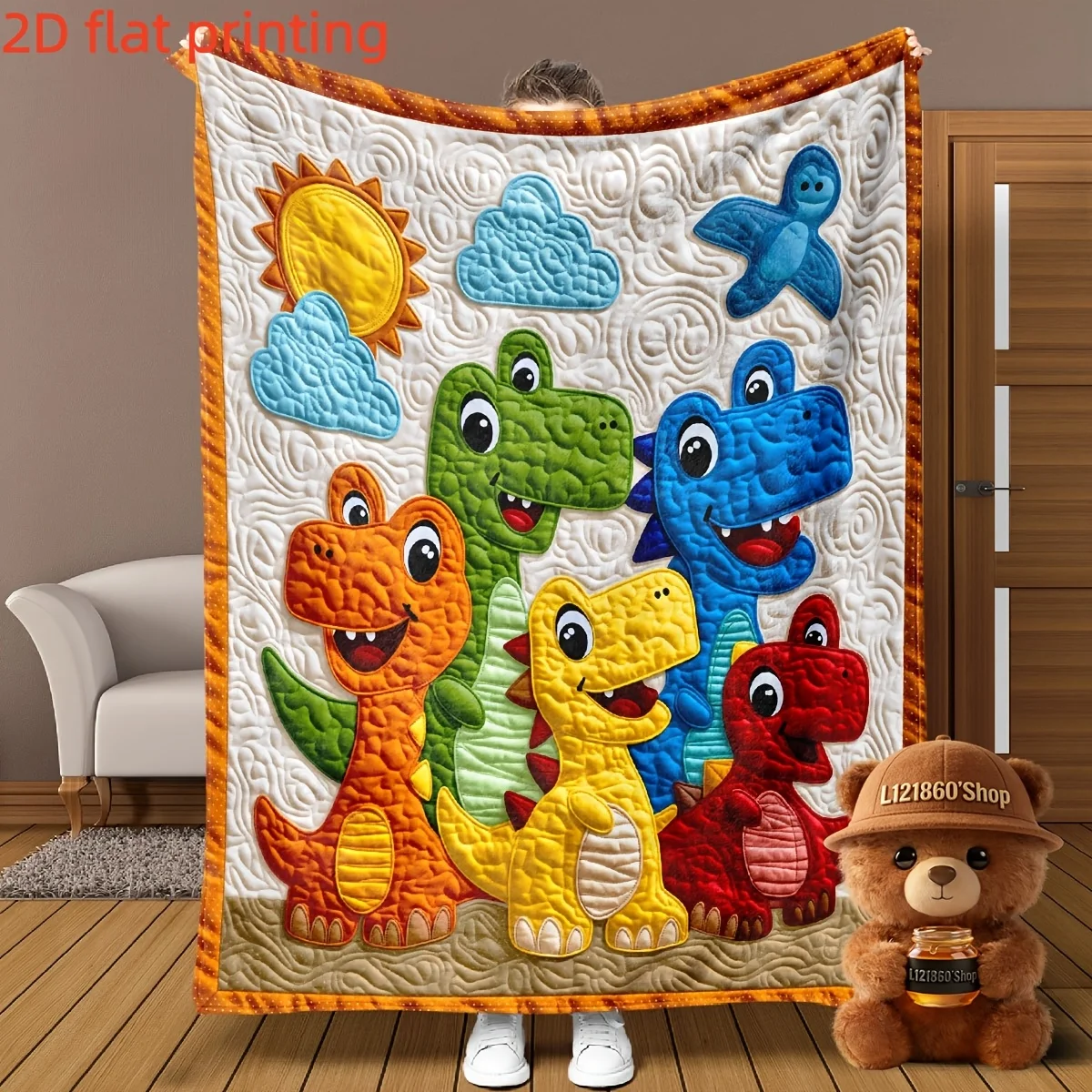 Flat/2D Digital Print Colorful Cute Dinosaur Themed Flannel Throw Blanket, Soft, Warm, and Comfortable, Featuring Multi-Colored