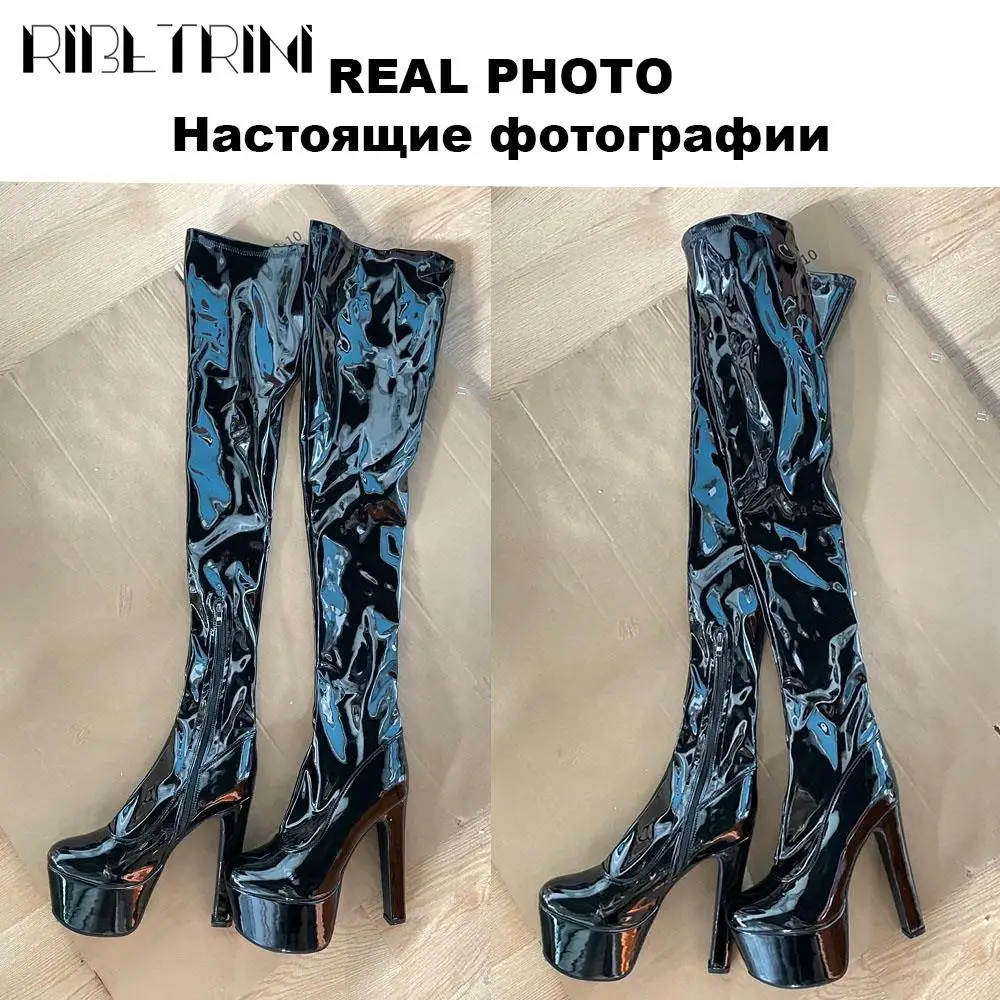 Sexy Over Knee High Boots Women Spike High Heels Zip Thick Platform Elastic Boots Luxury Trendy Designer Fashion Stylish Shoes