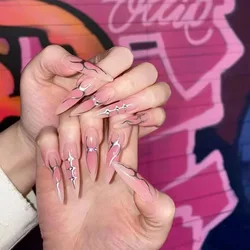24pcs Long Pointed Gradient Pink False Nails y2k Sliver Flame Printed Wearable Press On Nails Full Finished Acrylic Nail Tips