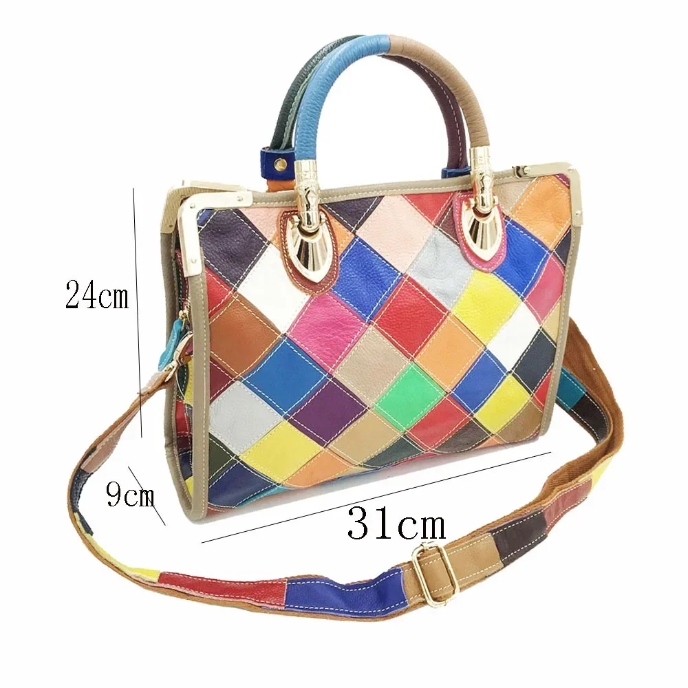 Women Fashion Genuine Leather Multi-color Tote Bag Female High Quality Big Size Capacity  Diamond Patchwork Daily Messenger Bag