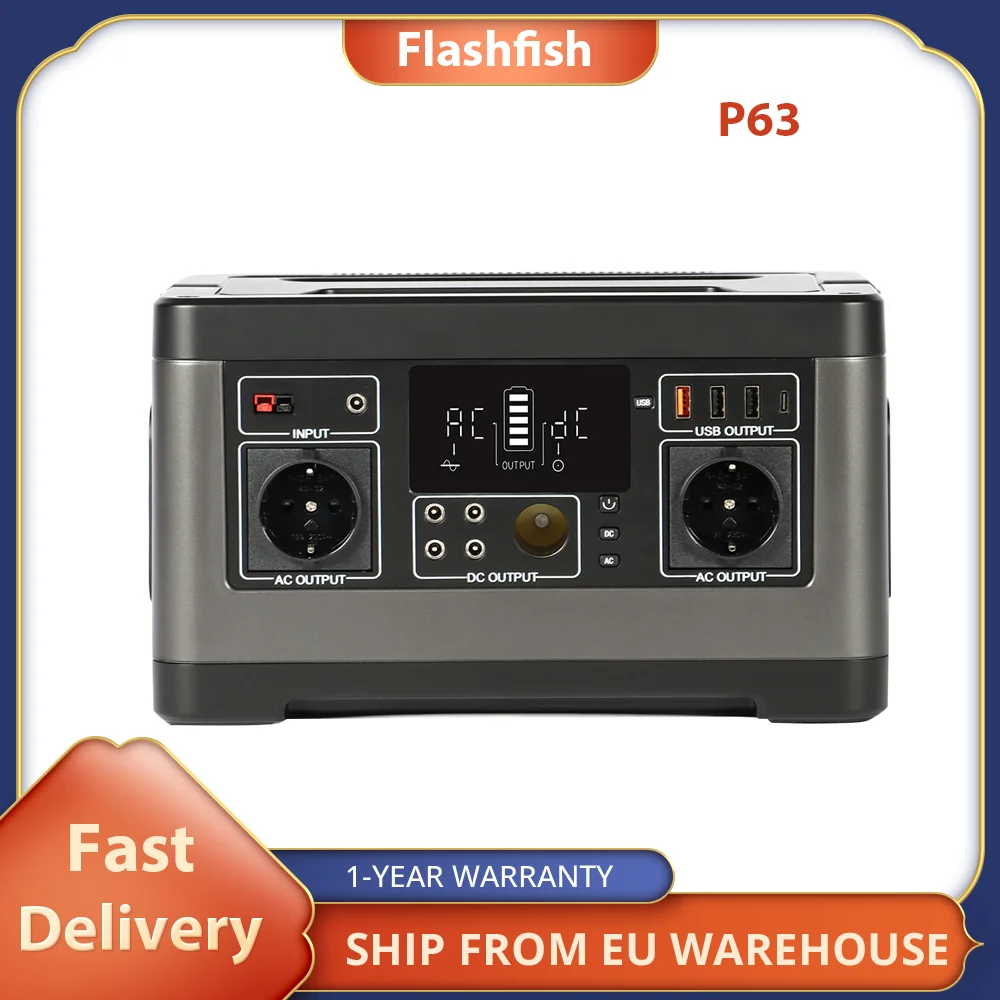 Flashfish P63 Portable Power Station, 520Wh/140400mAh Lithium Battery Solar Generator, 500W AC Output, 5xDC Ouputs, 4xUSB Output