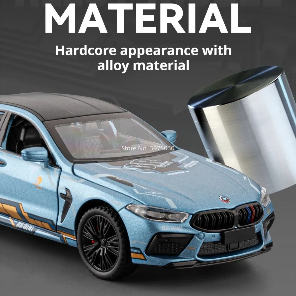 Maßstab 1:32 BMW M8 Modelle Autos Legierung Druckguss Spielzeug mit Licht Sound Fahrzeuge Türen geöffnet Miniatur Auto Büro Tisch Ornament