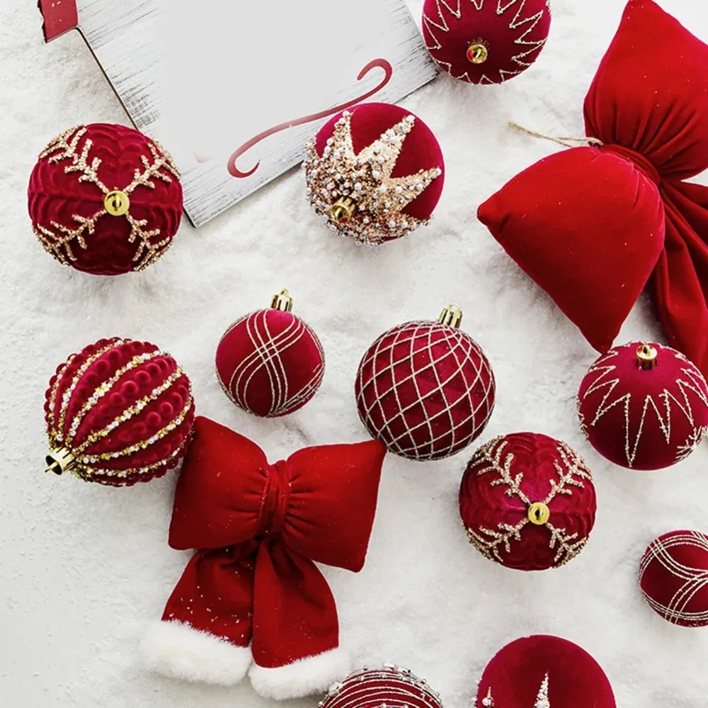 4pcs 6/8cm Wine Red Flocking Christmas Balls Sequined Various Style Combinations Christmas Tree Ornament Balls Sparkling