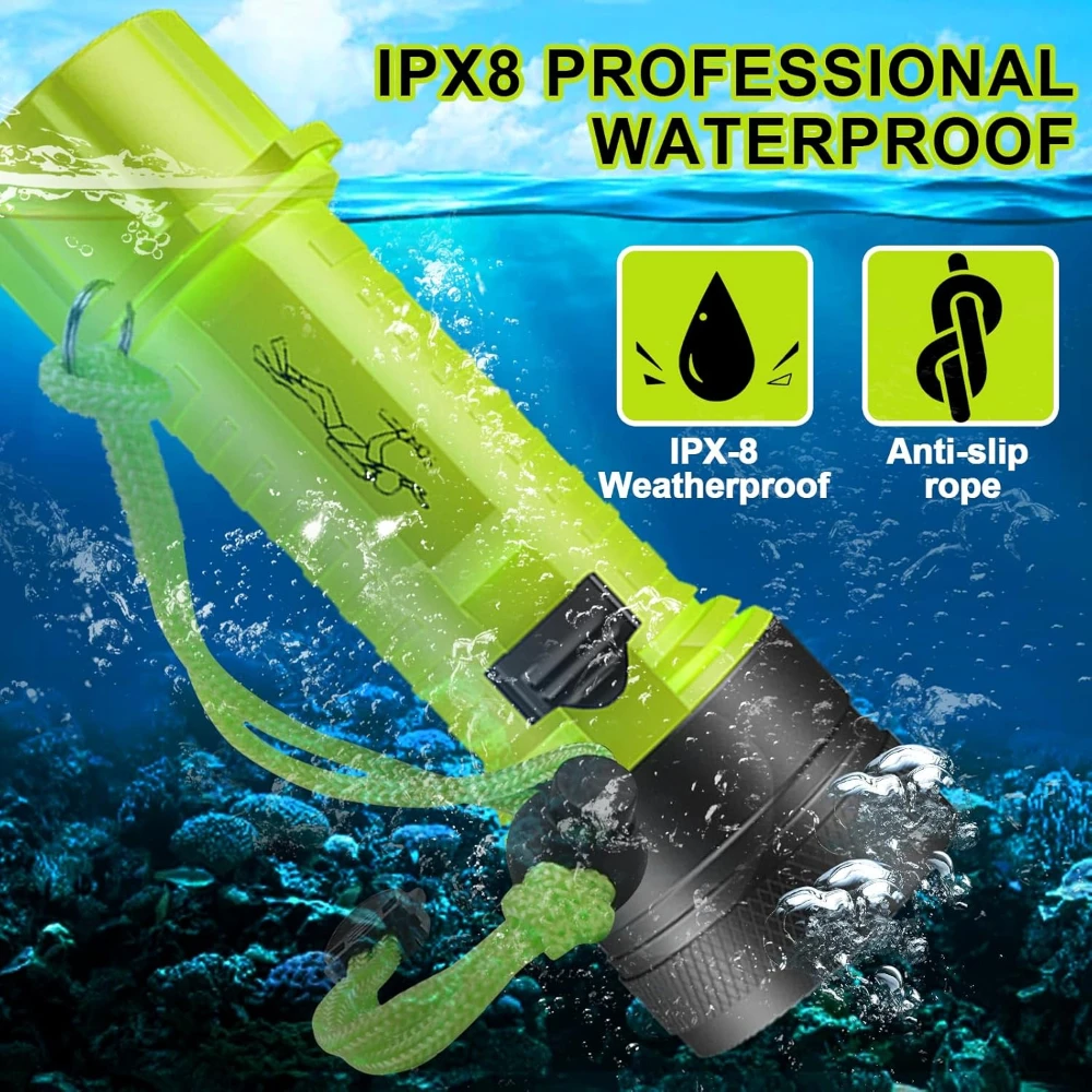 Diving Flashlight Rechargeable Dive Torch 2000 Lumens Super Bright Scuba Dive Light IPX8 Underwater Light Waterproof Flashlight