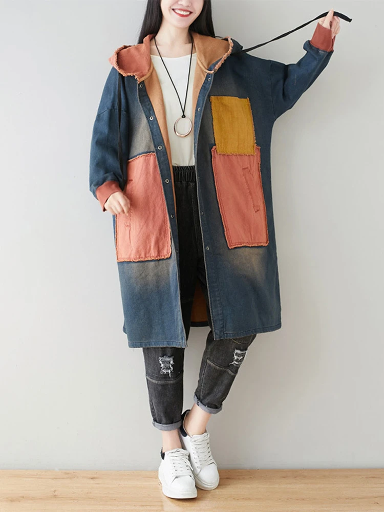 Max LuLu 2023 Autumn Womens Fashion Oversized Hooded Denim Long Trench Vintage Windbreakers Womens Classic Leisure Loose Coats