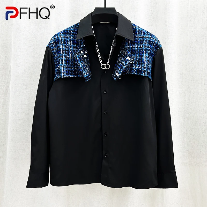 

PFHQ Men's Personalized Niche Design Splicing Shirts Small Fragrant Style Korean Fashion Loose Long Sleeved Tops Summer 21Z4131