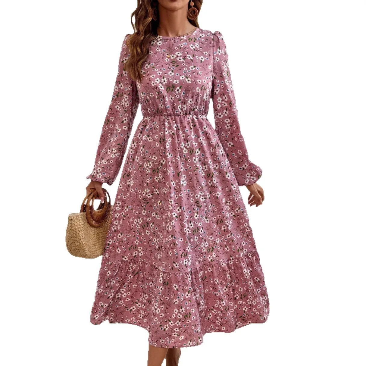 Vielseitiger Frühlings-Sommer-Damenrock mit Rundhalsausschnitt, Vestido De Festas, elegante Blumenmuster, lange Ärmel, Taille, A-Linie, Strandurlaubskleid